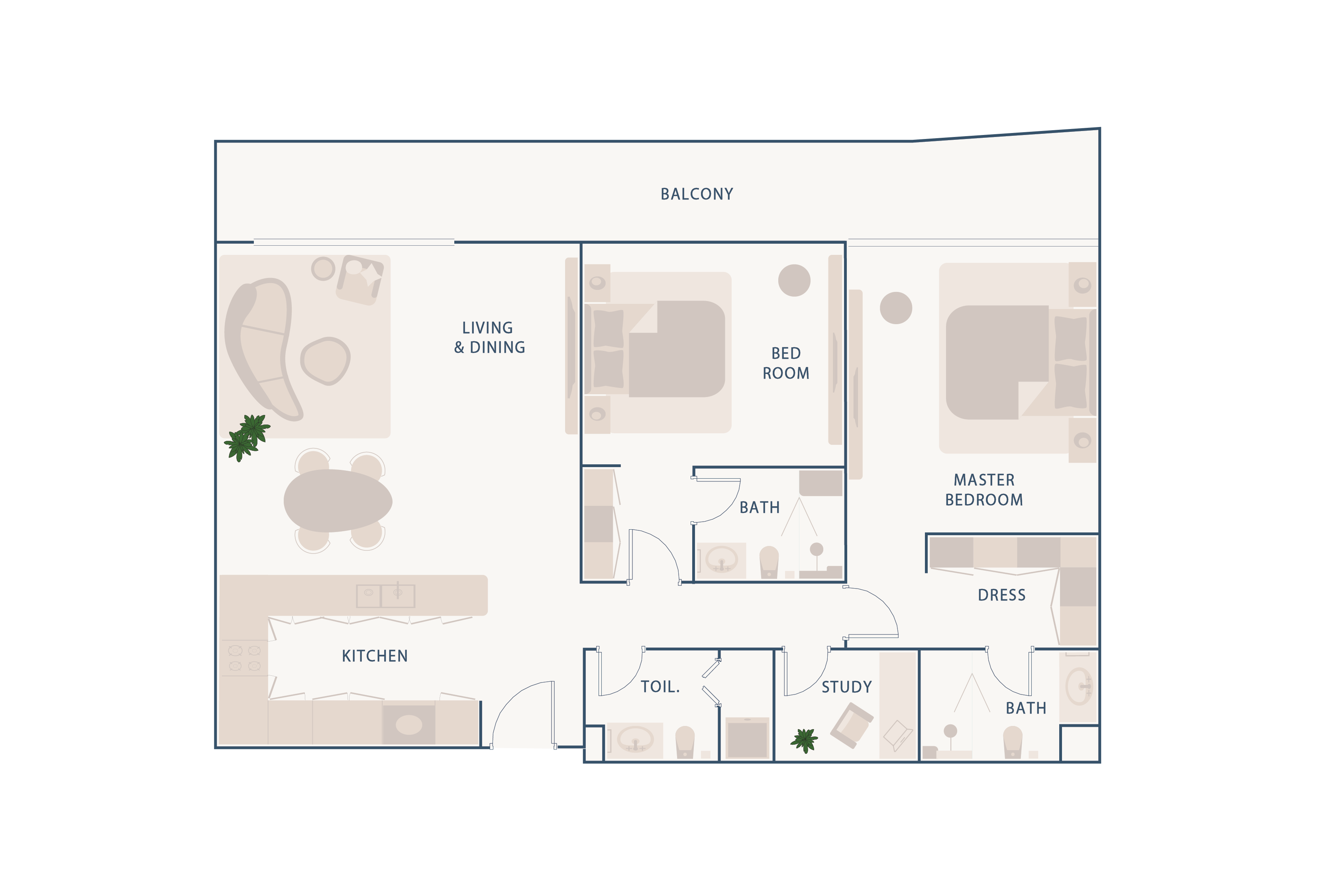 Beach Walk Residence A floor plan showcasing rooms including living and dining area, kitchen, bedrooms, bathrooms, study, and balcony.